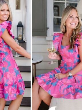 Tuckernuck Pink & Blue Floral Ruffle Mini Dress